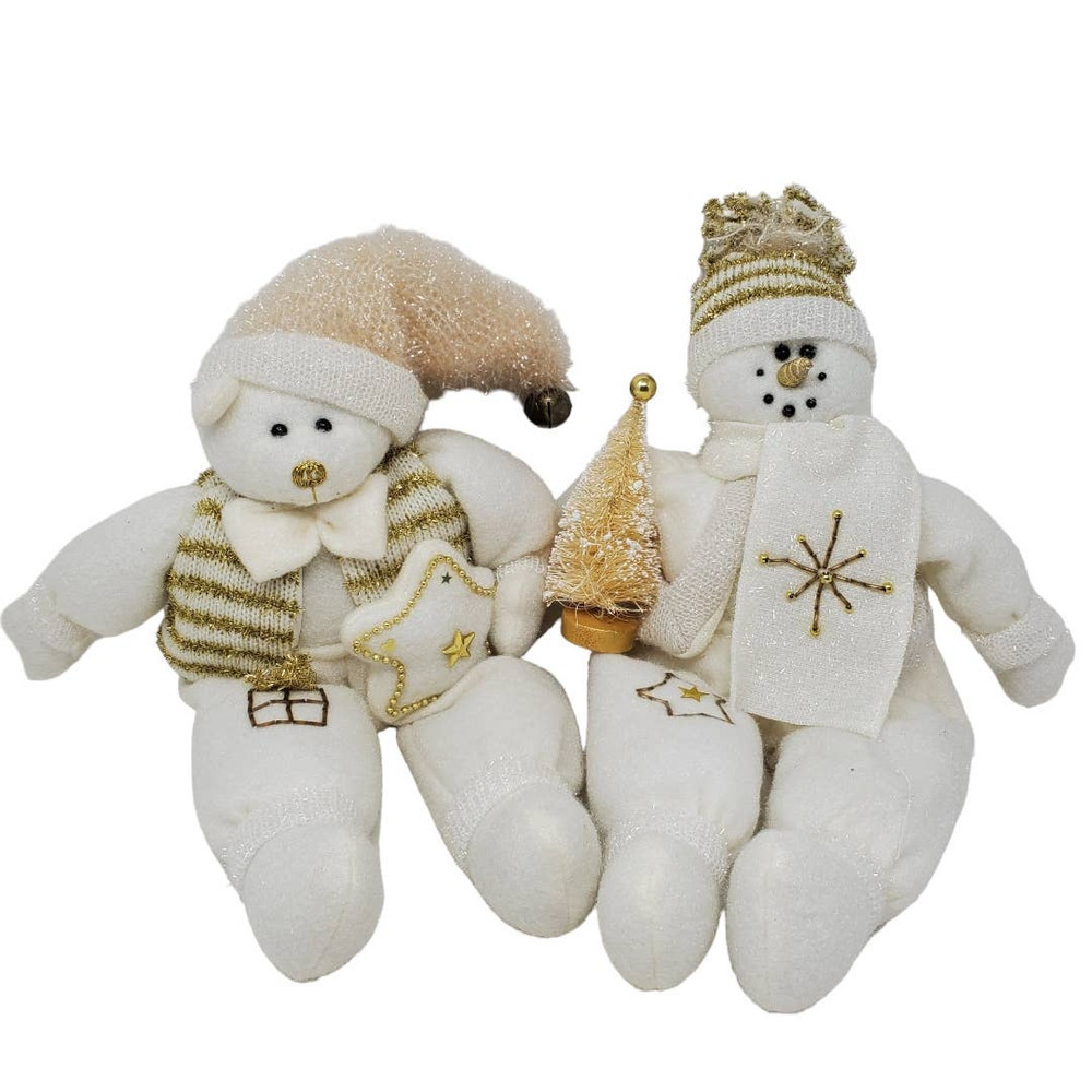 PBC Christmas Decor Snowmen Wearing Hats Lot of 2 Holiday White Gold